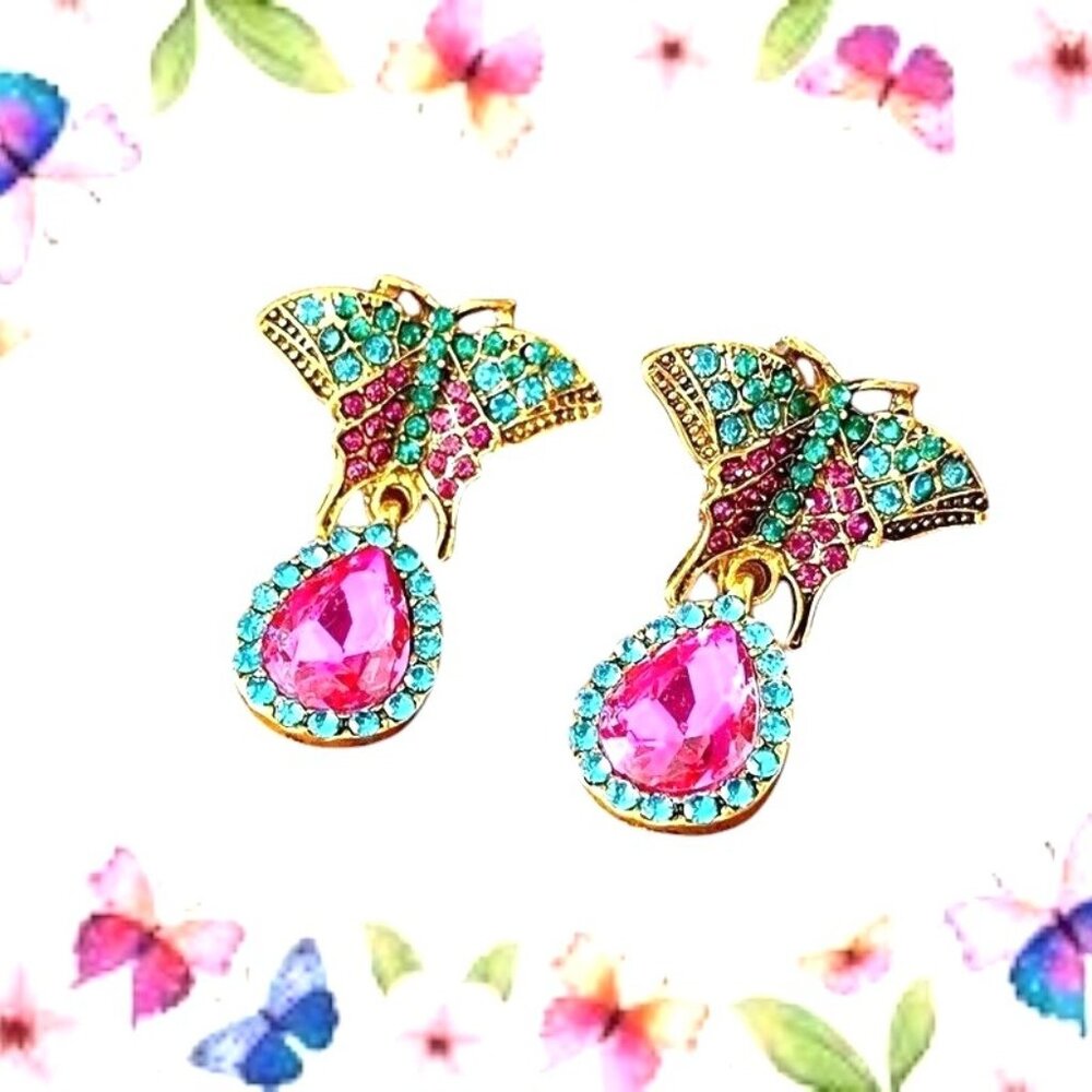 Butterfly Earrings Rhinestones Drop Dangle Crystal Accents Art Deco Festive New